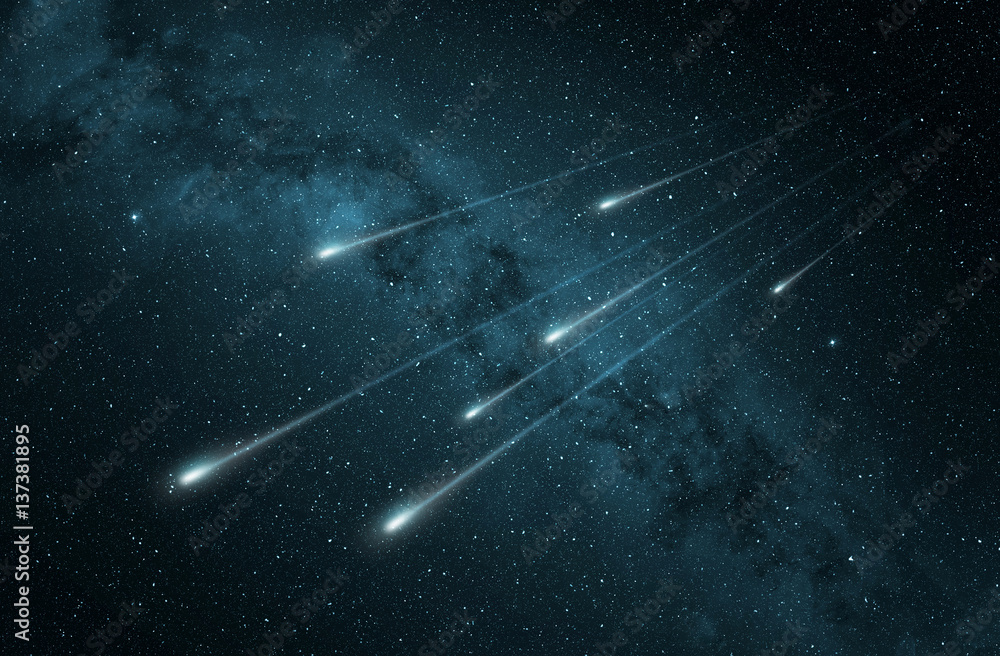 meteor shower in the starry night sky - obrazy, fototapety, plakaty 