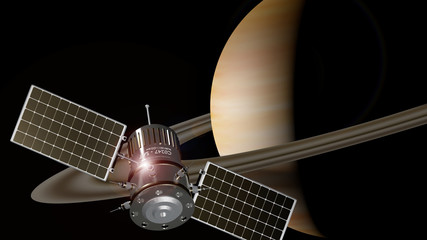 Wall Mural - spaceship orbiting the planet saturn, 3d illustration