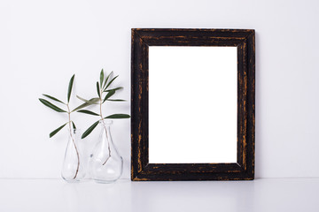 Canvas Print - Wooden frame and flowers, home decoration mock-up 