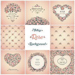 Wall Mural - Set of vector vintage cards with cute roses. Floral invitation. Vintage templates for your design. Vector illustration.