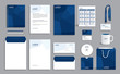 Business stationery set template, corporate identity design mock-up with dark blue geometric background 