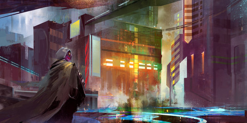 Plakat urban landscape of the future cyberpunk