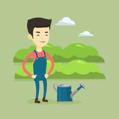 Poster - Farmer with watering can at field.