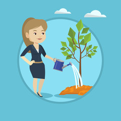 Canvas Print - Woman watering tree vector illustration.