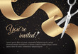You are invited invitation card with curving ribbon and sparkling background. Grand opening concept. Vector illustration