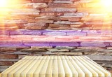 Fototapeta Desenie - bamboo shelves wood top empty and  floor ceiling in stone wall background with reflect  light for product display