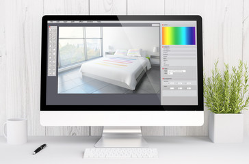 Wall Mural - white workspace with computer graphic interior design