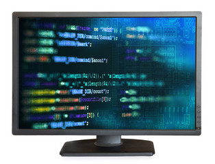 computer monitor isolated on white background with software programming code abstract technology bac