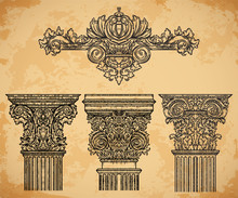 Vintage Architectural Details Design Elements On Aged Paper Background. Antique Baroque Classic Style Column And Cartouche. Hand Drawn Vector Illustration