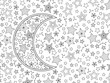 Contour image of moon crescent and stars in zentangle inspired doodle style. Horizontal composition.
