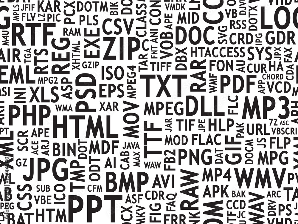 Seamless pattern design. File type names collage. Black words on white ...