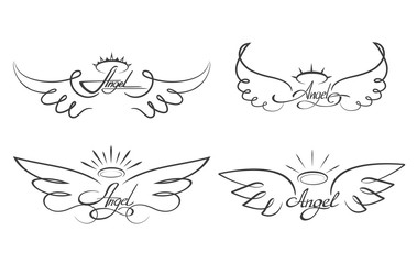 Poster - Angel wings drawing vector illustration. Winged angelic tattoo icons