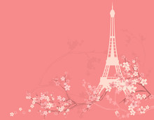 Spring Paris Vector Background With Eiffel Tower Silhouette Among Blooming Sakura Tree Branches