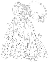 Black and white illustration of beautiful fairy holding magic wand for coloring. Worksheet for children and adults. Vector image.