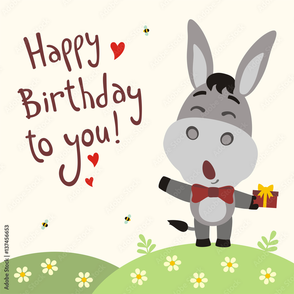 Happy birthday to you! Funny donkey sings birthday song with gift in hand. Card with donkey in cartoon style.
