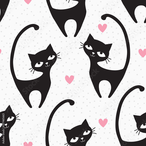 Cotton fabric seamless black cat pattern vector illustration