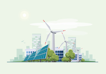 Wall Mural - Green Eco City Urban with Solar Panels and Wind Turbines