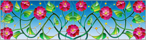 Dekoracja na wymiar  ilustracja-w-stylu-witrazu-z-abstrakcyjnymi-rozowymi-kwiatami-na-niebieskim-tle