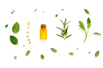 Wall Mural - Bottle of essential oil with fresh herbal sage, rosemary, lemon thyme ,thyme ,green mint and peppermint setup with flat lay on white wooden table.