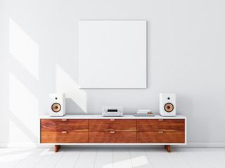 square white canvas mockup hanging on the wall, hi fi micro system on bureau,3d rendering