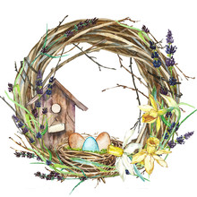 Hand Drawn Watercolor Art Wreath With Spring Flowers And Bird Nest With Eggs. Isolated Illustration On White Background.