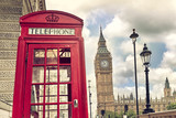Fototapeta  - London - Big Ben tower and a red phone booth. Vintage film effect. Instagram filter