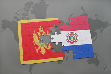 puzzle with the national flag of montenegro and paraguay on a world map