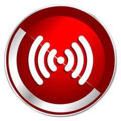 Poster - Wifi red web icon. Metal shine silver chrome border round button isolated on white background. Circle modern design abstract sign for smartphone applications.