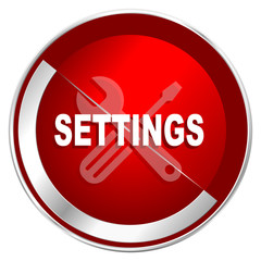 Aufkleber - Settings red web icon. Metal shine silver chrome border round button isolated on white background. Circle modern design abstract sign for smartphone applications.