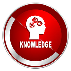 Fototapete - Knowledge red web icon. Metal shine silver chrome border round button isolated on white background. Circle modern design abstract sign for smartphone applications.
