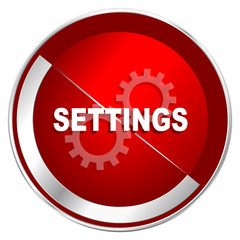 Fototapete - Settings red web icon. Metal shine silver chrome border round button isolated on white background. Circle modern design abstract sign for smartphone applications.