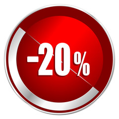 Fototapete - 20 percent sale retail red web icon. Metal shine silver chrome border round button isolated on white background. Circle modern design abstract sign for smartphone applications.