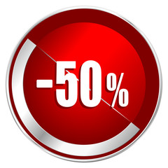 Fototapete - 50 percent sale retail red web icon. Metal shine silver chrome border round button isolated on white background. Circle modern design abstract sign for smartphone applications.