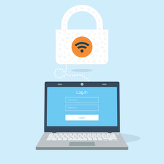 Poster - 3D flat laptop device tries log in to a secured wifi hotspot.
