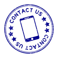 Sticker - Grunge blue contact us with phone icon round rubber seal stamp on white background