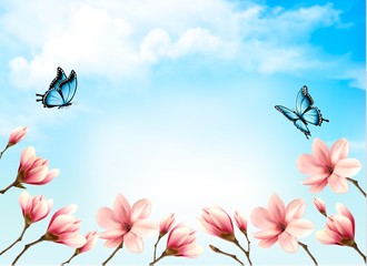 Aufkleber - Nature spring background with beautiful magnolia branches on blue sky. Vector.
