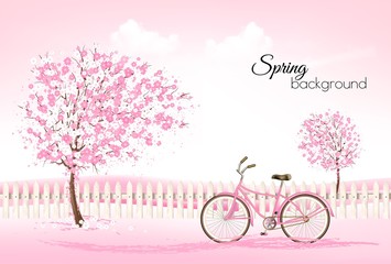 Poster - Beautiful spring nature background with a blossoming trees and bike. Vector.