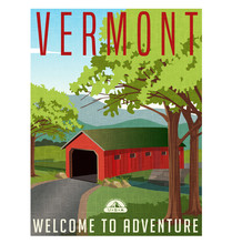 Vermont Travel Poster Or Sticker. Vector Illustration Of Scenic Covered Bridge Over Stream. 