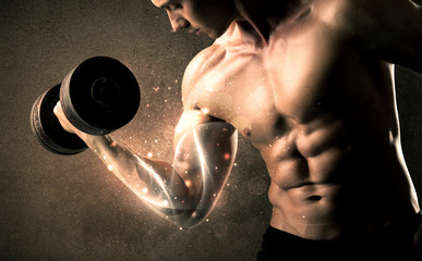 Bodybuilder lifting weight with energetic white lines concept