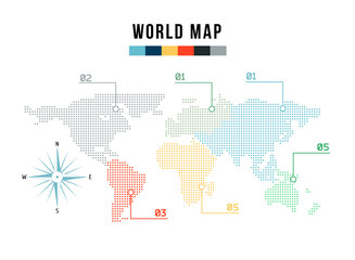  modern world map for infographics in the style of halfton. Wind rose vector.