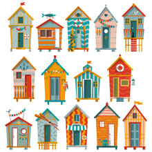 14 Various Multi-colored Beach Huts.