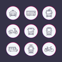 Canvas Print - City transport line icons set, tram, train, bus, bike, taxi, trolleybus round vector pictograms