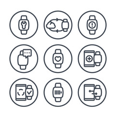 Canvas Print - smart watch line icons in circles over white, fitness app, synchronization with cloud or smartphone, wearable device, charging,