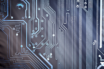 Poster - Circuit board. Electronic computer hardware technology. Motherboard digital chip. Tech science background. Integrated communication processor. Information engineering component.