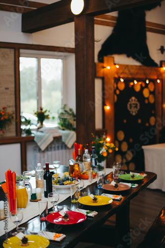 Wedding Banquet Table With Dishes Vine And Food Loft Country And Rustic Style Decoration Arch With Bulb Garland On Background Buy This Stock Photo And Explore Similar Images At Adobe Stock