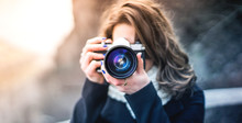 Young Woman Girl Photographer With Blue Camera Lens