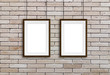 © Sun-flower - Wooden frames hanging on cords against decorative bricks wall. Gallery style, interior decor mock up