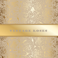 Greeting card with vintage openwork golden roses 2