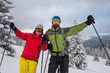© sanechka - Couple of joyful travelers in goggles stands at alpine meadow