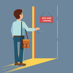 Vector flat illustration of man in business clothes opens the door with a sign We are hiring. Concept search works.